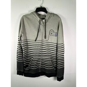 Super Nintendo Hoodie Mens L Gray Full Zip Fleece Lined Striped Controller
